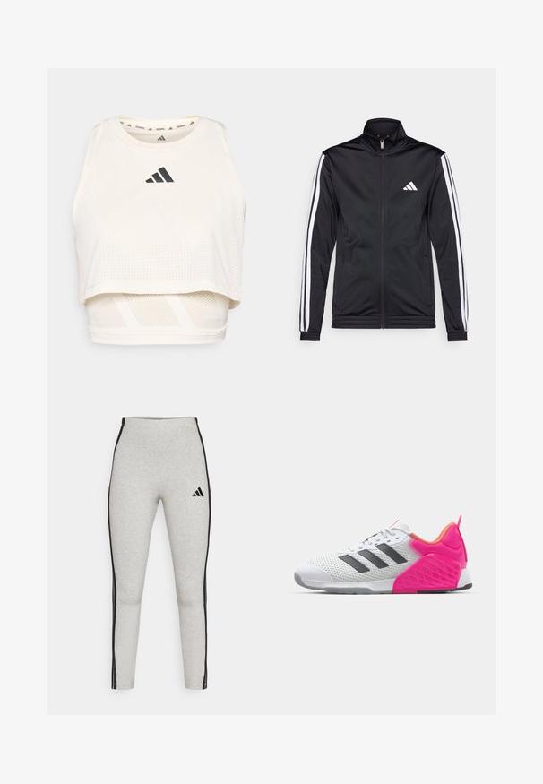 Črna športna jakna z visokim ovratnikom, sprednjim zadrgo in belimi stranskimi črtami po rokavih. Ima vezen beli logotip na prsih.; Bela športna kratka trenirka iz zračnega materiala. Ima okroglo izrezano ovratnik, perforirano teksturo in črn logotip spredaj.; Sive visoke legice z črnimi stranskimi črtami, narejene iz mehkega materiala. Na sprednji strani ima majhen črn Adidas logo.; Bela športna čevelj z sivo črtami, mrežasto zgornjim delom in rožnato peto ter dodatki. Ima teksturirano peto in gumijastim podplatom. Čipke in oblazinjen ovratnik.