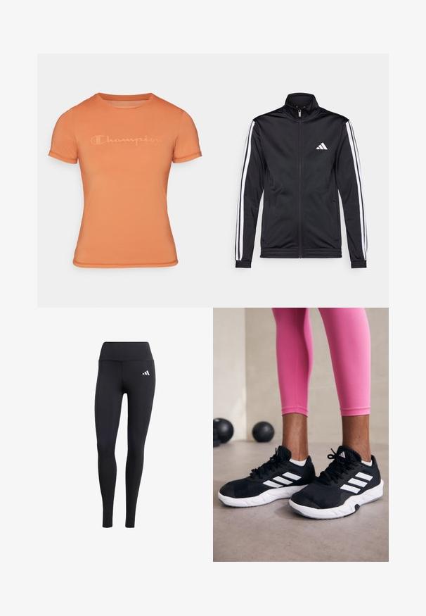 Svart treningsjakke med høy krage, frontglidelås og hvite stripe aksenter langs armene. Har et brodert hvitt logo på brystet.; Korte ermet oransje t-skjorte laget av glatt stoff, med en subtilt preget "Champion" logo på forsiden og rund halsdesign.; Svarte leggings laget av elastisk materiale, med høy midje og en liten hvit logo, med en glatt, matt finish.; Svarte treningssko med hvite striper, teksturert mesh-overdel og hvit såle. Brukt med rosa leggings, som viser frem treningsklær.