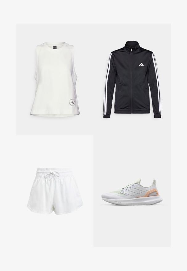 Musta urheilutakki, jossa on korkea kaulus, etuvetoketju ja valkoiset sivuviivat hihoissa. Takissa on brodeerattu valkoinen logo rinnassa.; Valkoinen hihaton toppi, jossa on pyöreä kaula-aukko, pehmeä rakenne ja pieni musta pyöreä logo vasemmassa alareunassa.; Valkoiset urheilushortsit, joissa on joustava vyötärö ja säädettävä nyöri. Kevyestä materiaalista valmistettu, sivutaskut ja väljä istuvuus.; Valkoinen urheilukenkä, jossa on vaaleanvihreitä yksityiskohtia, verkko-osa, kumipohja ja teksturoitu pintakuvio. Sivussa on "LIGHT BOOST" -logot.