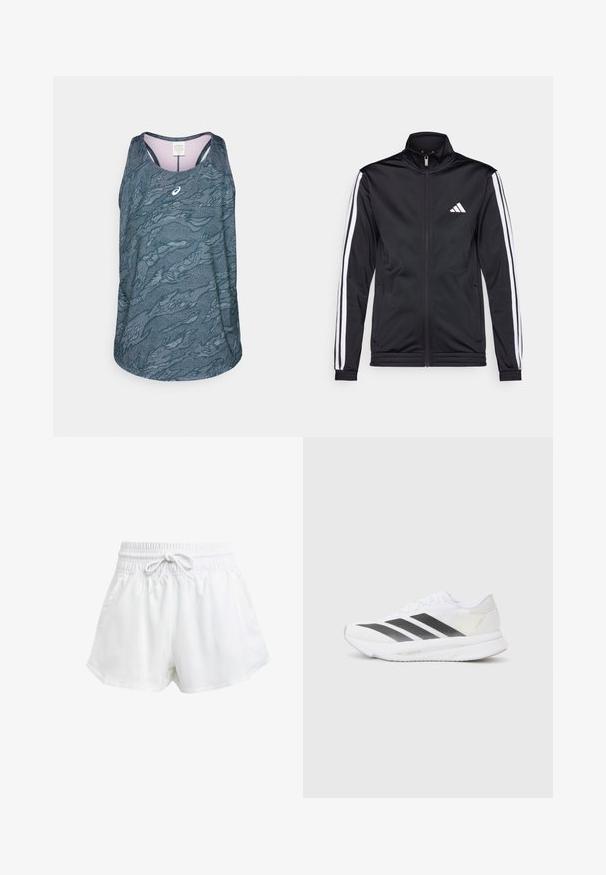 Jachetă sport neagră cu guler înalt, fermoar frontal și dungi albe pe umeri. Prezintă un logo alb brodat pe piept.; Dorsal fără mâneci, de tip sport, în nuanță de teal închis, cu un model texturat și ondulat. Prezintă un decolteu rotund și un logo discret pe piept.; Shorts albi sportivi cu talie elastică și șnur ajustabil. Fabricate dintr-un material ușor, cu buzunare laterale și o croială largă.; Săptămână albă de sport cu dungi diagonale negre, partea superioară din plasă, vârf rotunjit și talpă texturată. Accentele includ un toc argintiu și un design minimalism.