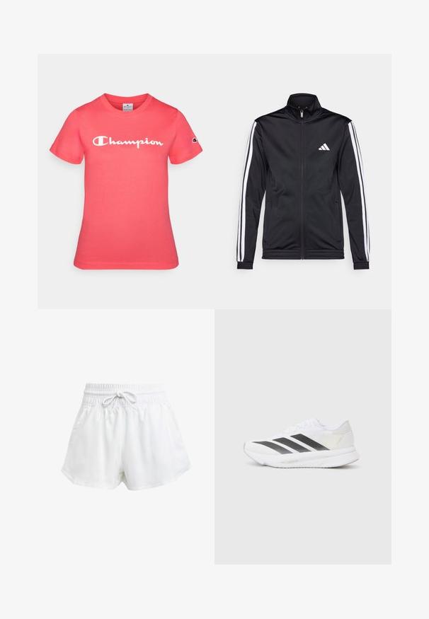 Casaco atlético preto com gola alta, fecho frontal e riscas brancas ao longo das mangas. Apresenta um logótipo branco bordado no peito.; T-shirt de mangas curtas em coral brilhante, feito de algodão, com um logotipo branco "Champion" atravessando o peito e um emblema na manga.; Calções de desporto brancos com um cós elástico e cordão ajustável. Feitos de material leve, apresentam bolsos laterais e um corte largo.; Shoe atlético branco com riscas diagonais pretas, parte superior em malha, bico arredondado e sola texturizada. Os destaques incluem um calcanhar prateado e um design minimalista.
