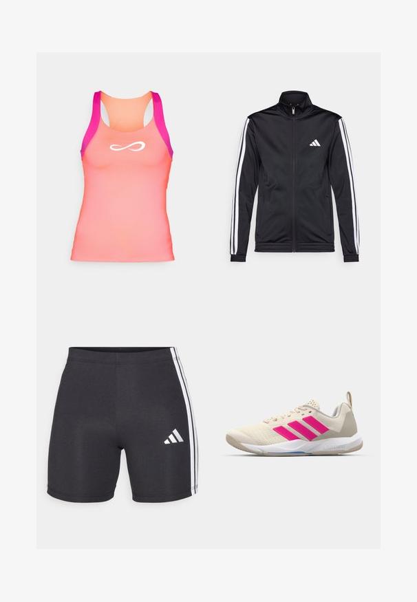 Zwarte sportjack met een hoge kraag, voorrits en witte accentstrepen langs de armen. Bevat een geborduurd wit logo op de borst.; Racerback tanktop in verloopkleuren van koraal en roze, met een soepele en rekbare textuur. Kenmerkt zich door een wit oneindigheid-logo op de voorkant.; Zwarte sportshorts van rekbare stof, met witte zijstrips en een Adidas-logo op de onderkant van het rechterbeen. Als een gladde textuur.; Beige sportshoe met een roze drie-strepen logo, een textuur-mesh bovenkant, een gevoerde kraag en een witte rubberen zool, met "LIGHTSTRIKE" branding.