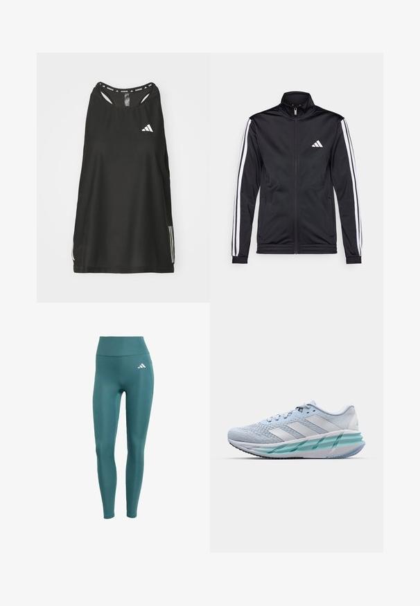 Czarna sportowa kurtka z wysokim kołnierzem, przednim zamkiem błyskawicznym i białymi paskami akcentującymi na rękawach. Posiada wyszywane białe logo na klatce piersiowej.; Czarny bezrękawnik sportowy z okrągłym dekoltem. Zawiera białe logo oraz trzy białe paski po bokach; wykonany z oddychającego materiału.; Legginsy w kolorze turkusowym, z wysokim stanem, wykonane z gładkiego, elastycznego materiału, z białym logo na lewym udzie oraz dopasowanym krojem.; Jasnoniebieskie buty sportowe z teksturowaną cholewką z dzianiny, białymi akcentami i przezroczystą zieloną podeszwą środkową. Okrągły czubek i wyściełany kołnierz.