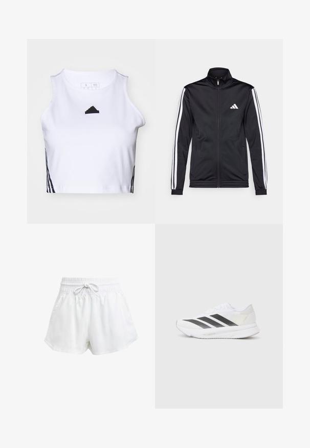 Casaco atlético preto com gola alta, fecho frontal e riscas brancas ao longo das mangas. Apresenta um logótipo branco bordado no peito.; Top cropped branco feito de algodão. Apresenta um logo preto e faixas laterais pretas, com um decote redondo e design sem mangas.; Calções de desporto brancos com um cós elástico e cordão ajustável. Feitos de material leve, apresentam bolsos laterais e um corte largo.; Shoe atlético branco com riscas diagonais pretas, parte superior em malha, bico arredondado e sola texturizada. Os destaques incluem um calcanhar prateado e um design minimalista.