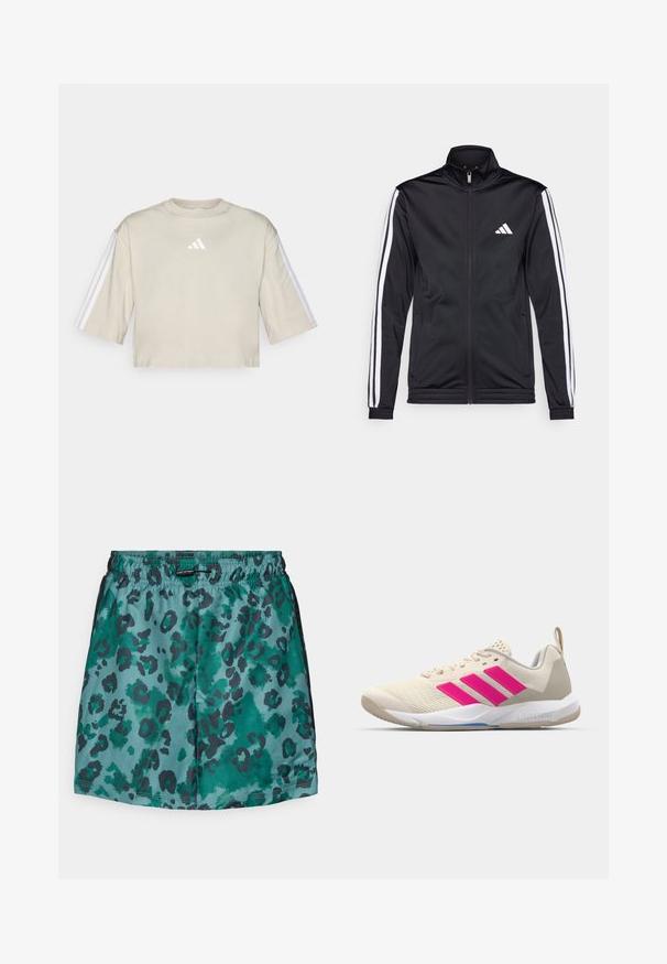 Casaco atlético preto com gola alta, fecho frontal e riscas brancas ao longo das mangas. Apresenta um logótipo branco bordado no peito.; T-shirt cropped bege feito de algodão suave. Apresenta um decote redondo, mangas curtas oversized e três riscas brancas em ambas as mangas.; Calções de padrão de leopardo em teal e verde escuro, com um cós elástico e textura suave, apresentando um ajuste relaxado e bem cortado.; Sapata atlética bege com logotipo de três riscas cor-de-rosa, parte superior em malha texturizada, colarinho acolchoado e sola de borracha branca, apresentando a marca "LIGHTSTRIKE".