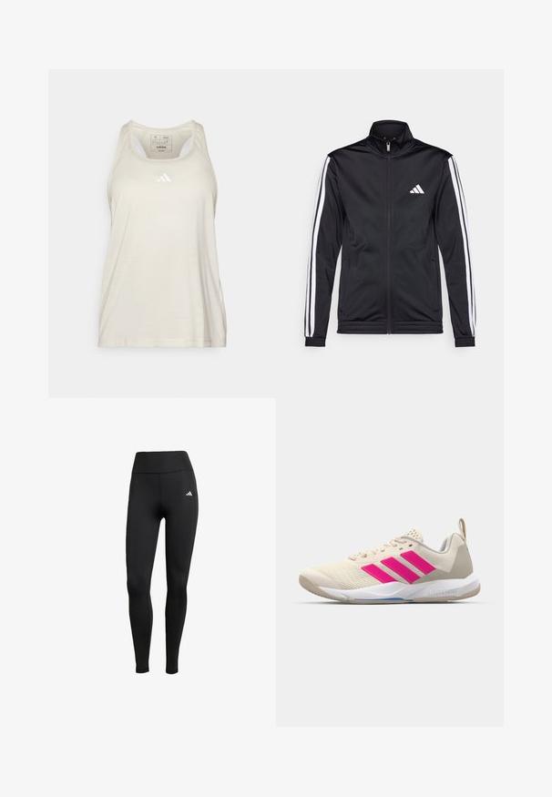 Veste de sport noire avec un col montant, fermeture éclair sur le devant et rayures blanches sur les bras. Elle présente un logo brodé blanc sur la poitrine.; adidas Performance Débardeur - alumina/white; Leggings de sport noirs avec une taille haute. Fabriqués en tissu extensible, avec un détail de logo blanc sur le côté supérieur gauche.; Baskets de sport beiges avec un logo à trois bandes roses, tige en maille texturée, col rembourré et semelle en caoutchouc blanc, arborant le marquage "LIGHTSTRIKE".