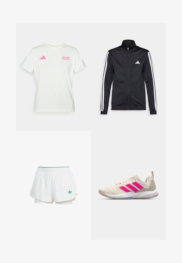 Black athletic jacket with a high collar, front zipper, and white accent stripes along the arms. Features an embroidered white logo on the chest.; White short-sleeve T-shirt with pink Adidas logo on left chest and BMW Berlin Marathon logo on right chest.; White athletic shorts with a layered design, elastic waistband, green accents, and a small green logo on the lower left side.; Beige athletic shoe with pink three-stripe logo, textured mesh upper, padded collar, and white rubber sole, featuring "LIGHTSTRIKE" branding.