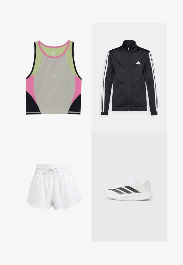 Chaqueta deportiva negra con cuello alto, cremallera frontal y franjas de acento blancas a lo largo de las mangas. Presenta un logo blanco bordado en el pecho.; Top deportivo colorido con un cuerpo de color gris claro, acentos en rosa, negro y verde, y un escote redondo con detalles perforados.; Pantalones cortos deportivos blancos con cintura elástica y cordón ajustable. Hechos de material ligero, cuentan con bolsillos laterales y un corte holgado.; Zapatilla deportiva blanca con rayas diagonales negras, parte superior de malla, punta redondeada y suela texturizada. Los acentos incluyen un talón plateado y un diseño minimalista.