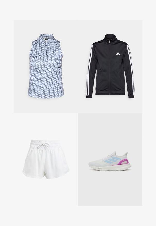 Mustmust mustrendiga jakki, millel on kõrge krae, eesnepp ja valged aktsenttriibud käte ääres. Selles on tikandina valge logo rinnal.; Kätiseta polo valge ja sinise geomeetrilise mustriga, millel on krae ja kerge veniv kude mugavuse ja liikumisvabaduse tagamiseks.; Valged spordilühikesed püksid elastse vöökoha ja reguleeritava paelaga. Valmistatud kergest materjalist, küljetaskudega ja lõdva istuvusega.; adidas Performance PUREBOOST 5 - Maanteejooksu jalatsid - white/glow blue/purple burst
