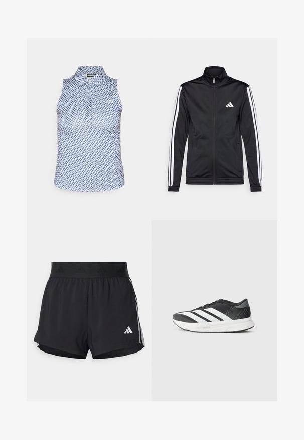 Sort atletisk jakke med høj krave, for-zip og hvide accentstriber langs armene. Har et broderet hvidt logo på brystet.; Ærmeløs polo i hvid med blå geometrisk mønster, der har en kravehals og et let strækstof for komfort og bevægelsesfrihed.; Sorte sport shorts med elastisk talje, der har et tekstureret bånd, sidestreger og et hvidt Adidas-logo på den nederste kant.; Sort atletisk sko med hvide striber, mesh-overdel, polstret sål og et strømlinet design. Grå accenter på hælen og tungen.