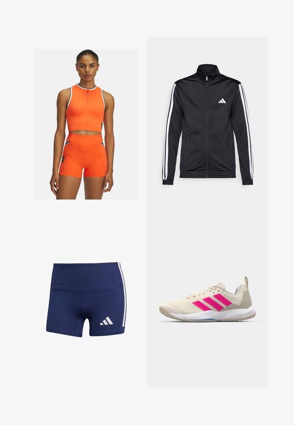 Chaqueta deportiva negra con cuello alto, cremallera frontal y franjas de acento blancas a lo largo de las mangas. Presenta un logo blanco bordado en el pecho.; Conjunto de ropa activa en un vibrante color naranja que incluye un crop top sin mangas con cremallera y shorts de cintura alta, acentuado con franjas en negro y blanco.; Pantalones cortos deportivos de color azul marino con un ajuste ceñido, hechos de una tela suave, con rayas blancas en los costados y un logotipo en la parte inferior izquierda.; Zapatilla deportiva beige con logo de tres rayas rosa, parte superior de malla texturizada, cuello acolchado y suela de goma blanca, con la marca "LIGHTSTRIKE".