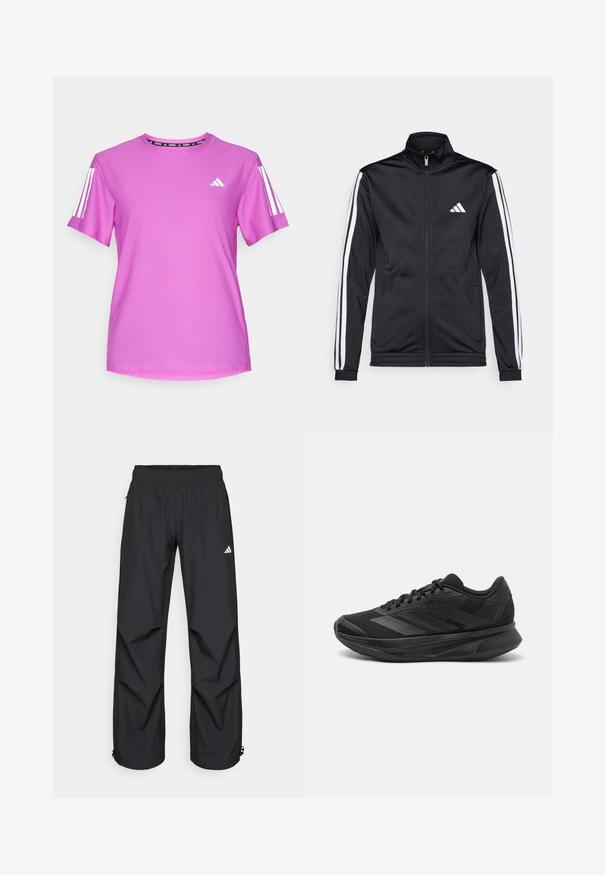 Jachetă sport neagră cu guler înalt, fermoar frontal și dungi albe pe umeri. Prezintă un logo alb brodat pe piept.; Tricou sportiv roz cu mâneci scurte, cu accente albe în trei dungi și un logo Adidas, realizat dintr-un material ușor și texturat.; Pantaloni negri, ușori, impermeabili, cu un brâu elastic, buzunare laterale și mansete ajustabile. Prezintă un logo alb pe coapsa stângă.; Adidas negre pentru alergare, cu un superior din plasă respirabilă, vârf rotunjit, design elegant, accente texturate și o talpă căptușită pentru confort.