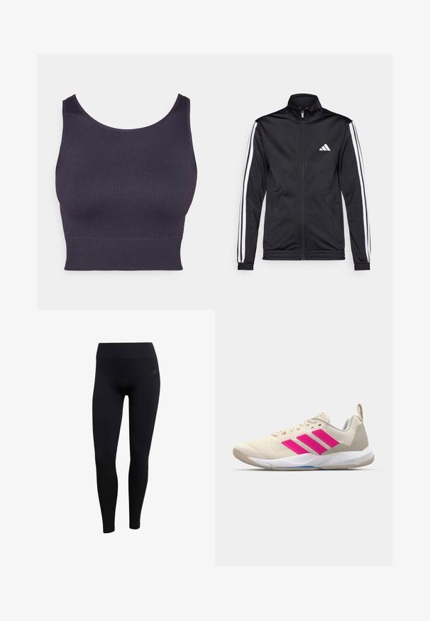 Fekete sportdzseki magas gallérral, elülső cipzárral és fehér díszcsíkokkal a karokon. Hímzett fehér logó található a mellkason.; Sötétlila sportrózsa bordázott anyagból, kerek nyakkivágással és testhezálló, crop fazonnal. Simaszerű textúra, látható hardver nélkül.; Fekete sport leggings rugalmas anyagból, magas derékkal, testhez simuló szabású, bordázott bokakivágással. Diszkrét márkalogó.; Beige sportcipő rózsaszín háromsávos logóval, texturált hálós felső résszel, párnázott nyakkal és fehér gumitalppal, "LIGHTSTRIKE" márkajelzéssel.