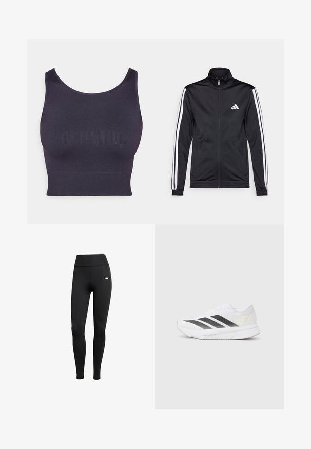 Fekete sportdzseki magas gallérral, elülső cipzárral és fehér díszcsíkokkal a karokon. Hímzett fehér logó található a mellkason.; Sötétlila sportrózsa bordázott anyagból, kerek nyakkivágással és testhezálló, crop fazonnal. Simaszerű textúra, látható hardver nélkül.; Fekete sporttá leggings magas derékkal. Stretch anyagból készült, a bal felső oldalon egy fehér logo részlettel.; Fehér sportcipő fekete átlós csíkokkal, hálós felsőrésszel, lekerekített orral és texturált talppal. A kiegészítők között szerepel egy ezüst sarok és minimalista dizájn.