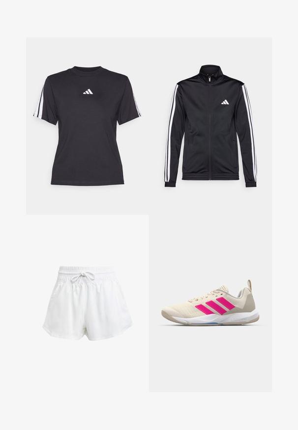 Juoda sportinė striukė su aukštu apykakle, priekiniais užtrauktukais ir baltais akcentiniais dryžiais ant rankovių. Ant krūtinės yra išsiuvinėta balta logo.; Juodas sportinis marškinėliai, pagaminti iš minkštos medžiagos, su apvaliu iškirpimu, trumpomis rankovėmis ir trimis baltais dryžiais ant kiekvieno peties. Balta logo ant krūtinės.; Baltos sportinės šortai su elastinga juostos juosta ir reguliuojama raišteliu. Pagaminti iš lengvo audinio, turi šonines kišenes ir laisvą siluetą.; Bežiniai sportiniai bateliai su rožinėmis trimis juostomis, tekstūruota tinklelio viršutinė dalis, paminkštinta apykaklė ir balta guma neslystančia padu, turintys "LIGHTSTRIKE" prekės ženklą.