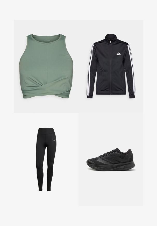 Black athletic jacket with a high collar, front zipper, and white accent stripes along the arms. Features an embroidered white logo on the chest.; Green sports bra made of smooth, stretchy fabric. Features a twisted front design and the brand name "BORG" subtly printed in matching color.; Black athletic leggings with a high waistband. Made of stretchable fabric featuring a white logo detail on the upper left side.; Black running shoe with a breathable mesh upper, rounded toe, sleek design, textured accents, and a cushioned sole for comfort.