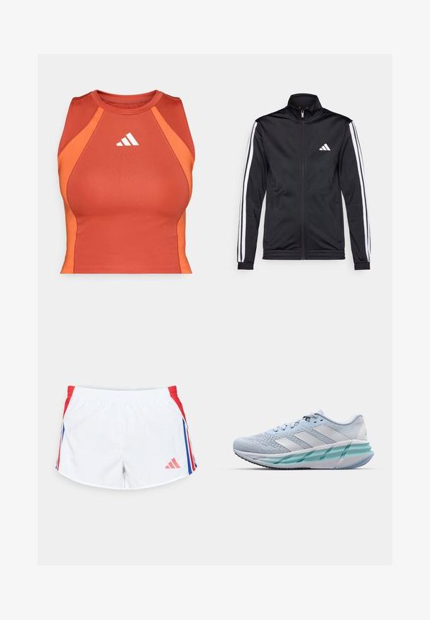Schwarze Sportjacke mit hohem Kragen, Frontreißverschluss und weißen Akzentstreifen an den Armen. Besitzt ein gesticktes weißes Logo auf der Brust.; Orange athletisches Crop-Top aus glattem, dehnbarem Material. Verfügt über ein Racerback-Design und ein weißes Logo auf der Vorderseite.; Weiße Sportshorts mit roten Seitenpaneelen und blauen Streifen. Elastischer Bund und Logo auf der unteren linken Seite. Glatte Stoffoberfläche.; Helle blaue Sportschuhe mit einem strukturierten Strickobermaterial, weißen Akzenten und einer transparenten grünen Zwischensohle. Abgerundete Zehenpartie und gepolsterter Schaft.