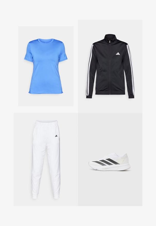 Čierna športová bunda s vysokým golierom, predným zipsom a bielymi akcentmi pozdĺž rukávov. Obsahuje vyšívané biele logo na hrudi.; Modrá krátkorychlá tričko vyrobené z hladkej tkaniny, s okrúhlym výstrihom, bočnými rozparsami a detailom loga na ľavom rukáve.; Biele športové nohavice s elastickým pásom a manžetami. Obsahujú bočné vrecká a malé čierne logo na ľavom stehne. Hladký povrch tkaniny.; Biele športové topánky s čiernymi diagonálnymi pruhmi, sieťovinovým zvrškom, zaoblenou špičkou a textúrovanou podrážkou. Akcenty zahŕňajú striebornú pätu a minimalistický dizajn.