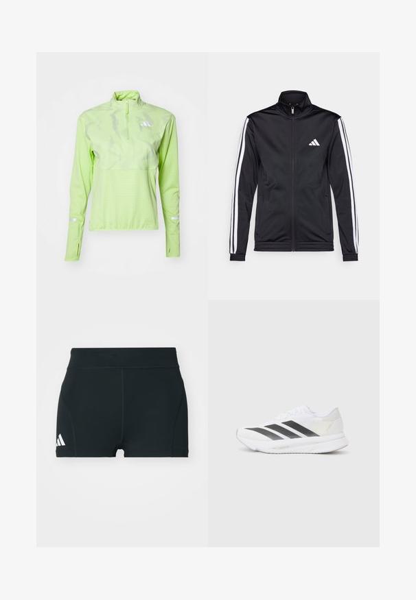 Casaco atlético preto com gola alta, fecho frontal e riscas brancas ao longo das mangas. Apresenta um logótipo branco bordado no peito.; adidas Performance ULTIMATE VIS REFLECTIVE 1/2-ZIP - Camisola de manga comprida - pulse lime; Calções atléticos pretos feitos de um tecido elástico, com uma cintura alta, forma ajustada e logótipo branco da Adidas no lado esquerdo.; Shoe atlético branco com riscas diagonais pretas, parte superior em malha, bico arredondado e sola texturizada. Os destaques incluem um calcanhar prateado e um design minimalista.