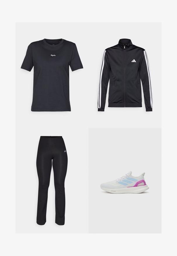 Crna atletska jakna s visokim ovratnikom, prednjim patentnim zatvaračem i bijelim akcentskim prugama duž ruku. Sadrži izvezeni bijeli logo na prsima.; Crna majica s kratkim rukavima od pamuka, koja ima okrugli izrez i bijeli izvezeni logo "Rapha." na prsima. Glatka tekstura.; Crne sportske hlače s prilagođenim dizajnom, elastičnom trakom za struk i suptilnim sjajem. Sadrži mali bijeli logo na lijevom boku.; adidas Performance PUREBOOST 5 - Tenisice za cestovno trčanje - white/glow blue/purple burst
