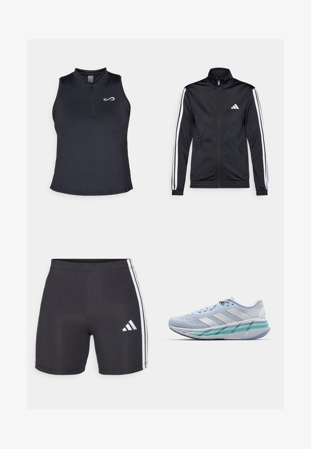 Juoda sportinė striukė su aukštu apykakle, priekiniais užtrauktukais ir baltais akcentiniais dryžiais ant rankovių. Ant krūtinės yra išsiuvinėta balta logo.; Juodas be rankovių sportinis marškinėlis su aukštu apykakle ir centriniu užtrauktuku. Yra mažas baltas logotipas kairėje krūtinės pusėje ir lygus paviršius.; Juodi sportiniai šortai, pagaminti iš elastingos medžiagos, su baltais šoninėmis juostelėmis ir "Adidas" logotipu apatinėje dešinėje kojos pusėje. Lygi tekstūra.; Šviesiai mėlyni sportiniai batai su tekstūruotu megztu paviršiumi, baltais akcentais ir permatomu žaliu viduriu. Suapvalinta nosis ir paminkštintas apykaklė.