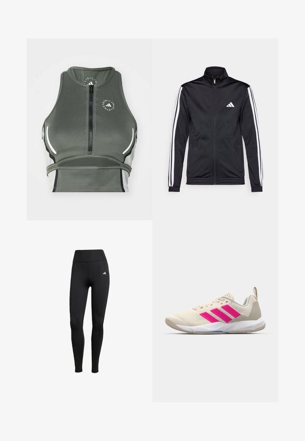Schwarze Sportjacke mit hohem Kragen, Frontreißverschluss und weißen Akzentstreifen an den Armen. Besitzt ein gesticktes weißes Logo auf der Brust.; Sportlicher grüner Cropped-Top aus dehnbarem Material, mit einem Frontreißverschluss, leichtem Design, weißen Akzenten und einem runden Logo.; Schwarze Sportleggings mit hohem Bund. Aus dehnbarem Stoff gefertigt, mit einem weißen Logodetail auf der oberen linken Seite.; Beige Sportsschuh mit pinkem Dreistreifen-Logo, strukturiertem Mesh-Obermaterial, gepolstertem Schaft und weißer Gummisohle, mit "LIGHTSTRIKE"-Branding.