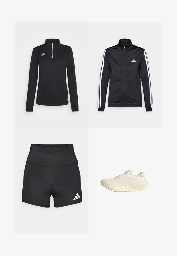 Mustmust mustrendiga jakki, millel on kõrge krae, eesnepp ja valged aktsenttriibud käte ääres. Selles on tikandina valge logo rinnal.; Mustlaine pikad varrukad kvartzip-sweatshirt, mis on valmistatud siledast sünteetilisest kangast. Omab valget lukku ja vasakul rinnal on brodeeritud logo.; adidas Performance Retuusid - black; Heledadbeige sportjalats, millel on tekitatud ülemine osa, tasased paelad ja pehmendusega talla. Sisaldab lateraalses küljel kolme triibu disaini.