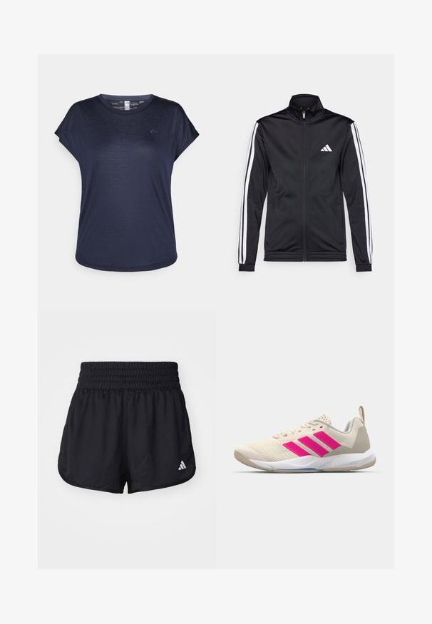 Fekete sportdzseki magas gallérral, elülső cipzárral és fehér díszcsíkokkal a karokon. Hímzett fehér logó található a mellkason.; Sötétkék, rövidujjú póló, könnyű anyagból készült, kerek nyakkivágással és diszkrét logóval a mellkasán.; Fekete sportnadrág, elasztikus, ráncolt derekkal és fehér logóval a jobb alsó oldalon. Simma, könnyű anyag.; Beige sportcipő rózsaszín háromsávos logóval, texturált hálós felső résszel, párnázott nyakkal és fehér gumitalppal, "LIGHTSTRIKE" márkajelzéssel.