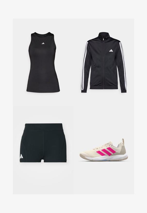 Chaqueta deportiva negra con cuello alto, cremallera frontal y franjas de acento blancas a lo largo de las mangas. Presenta un logo blanco bordado en el pecho.; Top deportivo negro sin mangas hecho de una tela suave. Presenta un escote redondo y un pequeño logo blanco de Adidas en el pecho.; Pantalones cortos deportivos negros de tela elástica, con una cintura alta, forma ajustada y logo blanco de Adidas en el lado izquierdo.; Zapatilla deportiva beige con logo de tres rayas rosa, parte superior de malla texturizada, cuello acolchado y suela de goma blanca, con la marca "LIGHTSTRIKE".