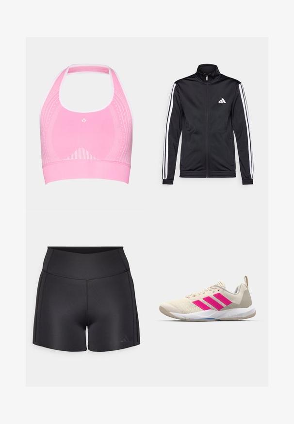 Crna atletska jakna s visokim ovratnikom, prednjim patentnim zatvaračem i bijelim akcentskim prugama duž ruku. Sadrži izvezeni bijeli logo na prsima.; Ružičasti sportski grudnjak s halter izrezom, koji ima suptilne bijele uzorke i rebrasti teksturirani rub na dnu.; Crne atletske kratke hlače od rastezljivog materijala, sa visokim strukom, ravnim šavovima i diskretnim Adidas logotipom u donjem kutu.; Bež sportska cipela s ružičastim logotipom u obliku tri pruge, gornjište od teksturirane mrežice, podstavljeni ovratnik i bijela gumena đon, s "LIGHTSTRIKE" brendom.