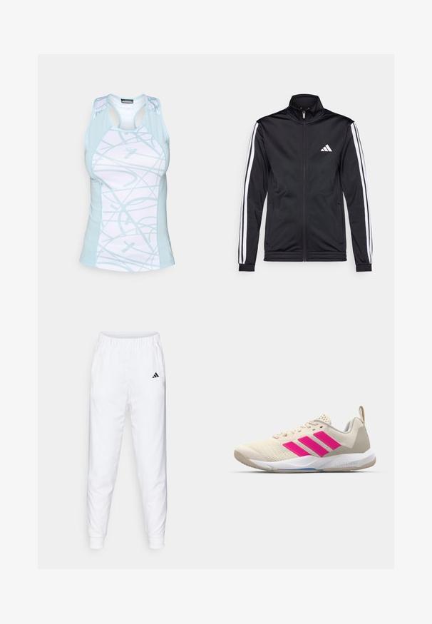 Jachetă sport neagră cu guler înalt, fermoar frontal și dungi albe pe umeri. Prezintă un logo alb brodat pe piept.; Top sportiv de culoare albastru deschis, cu o bază albă, având un model spiralat, panouri din plasă și un design tip racerback.; Pantaloni atletici albi cu talie elastică și manșete. Au buzunare laterale și un mic logo negru pe coapsa stângă. Finisaj dintr-un material neted.; Pantof de sport bej cu logo în trei dungi roz, superior din plasă texturată, guler căptușit și talpă din cauciuc alb, având marca "LIGHTSTRIKE".