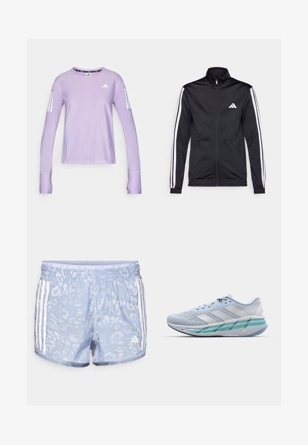 Black athletic jacket with a high collar, front zipper, and white accent stripes along the arms. Features an embroidered white logo on the chest.; Lilac long-sleeve athletic shirt made of textured fabric. Features three white stripes on each sleeve and a round neck with a black logo detail.; Light blue running shorts featuring a subtle leopard print, elastic waistband, and three white stripes on each side.; Light blue athletic shoes with a textured knit upper, white accents, and a transparent green midsole. Rounded toe and padded collar.