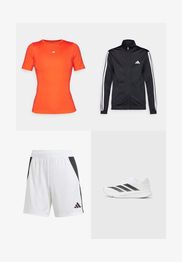 Black athletic jacket with a high collar, front zipper, and white accent stripes along the arms. Features an embroidered white logo on the chest.; adidas Performance TRAIN - Sports T-shirt - bright red; White athletic shorts with a black side panel, made of lightweight fabric. Features an elastic waistband and a black Adidas logo on the lower leg.; White athletic shoe with black diagonal stripes, mesh upper, rounded toe, and textured sole. Accents include a silver heel and minimalistic design.