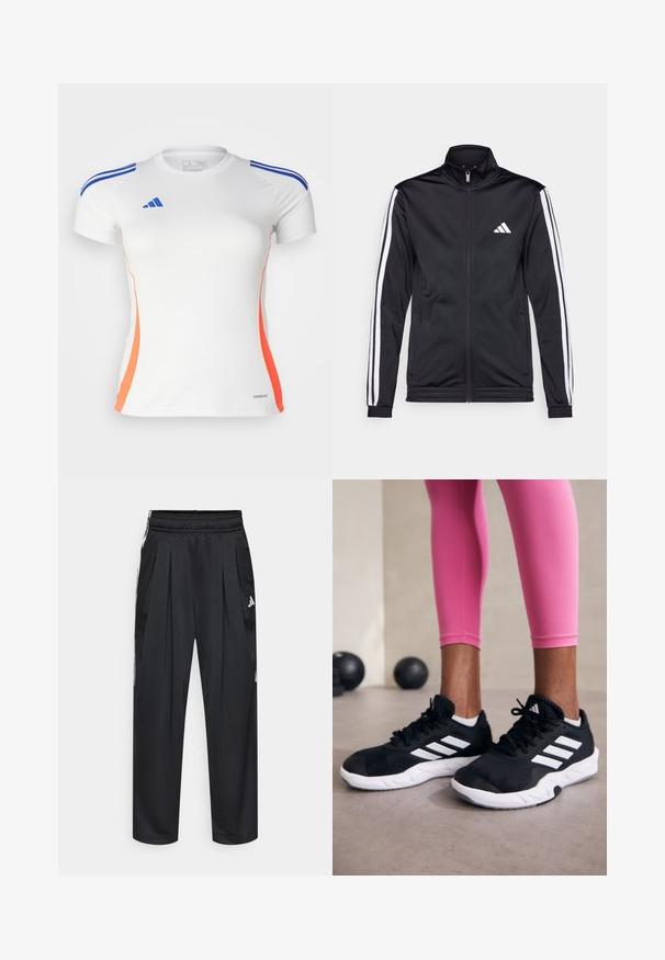 Jachetă sport neagră cu guler înalt, fermoar frontal și dungi albe pe umeri. Prezintă un logo alb brodat pe piept.; adidas Performance TIRO24 JERSEY - Bluză sport - white/lucid blue/app solar red; Pantaloni sportivi negri cu pliuri, talie elastică și dungi laterale. Confecționați dintr-un material neted, având logo-ul Adidas alb.; Adidași negri cu dungi albe, suprafață din plasă texturată și talpă albă. Purtați cu colanți roz, evidențiind îmbrăcămintea sport.