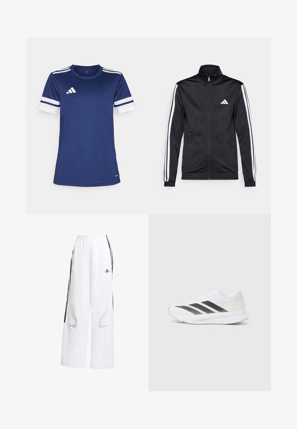 Czarna sportowa kurtka z wysokim kołnierzem, przednim zamkiem błyskawicznym i białymi paskami akcentującymi na rękawach. Posiada wyszywane białe logo na klatce piersiowej.; Granatowa koszulka sportowa z syntetycznego materiału. Posiada białe paski na rękawach oraz logo adidas na klatce piersiowej. Krótkie rękawy, okrągły dekolt.; Białe sportowe spodnie o luźnym kroju, z czarnymi pasami po bokach, elastycznym paskiem w talii i siateczkowymi wstawkami dla lepszej wentylacji.; Białe buty sportowe z czarnymi przekątnymi paskami, siateczkowa cholewka, zaokrąglony nos oraz teksturowana podeszwa. Akcenty obejmują srebrny obcas i minimalistyczny design.