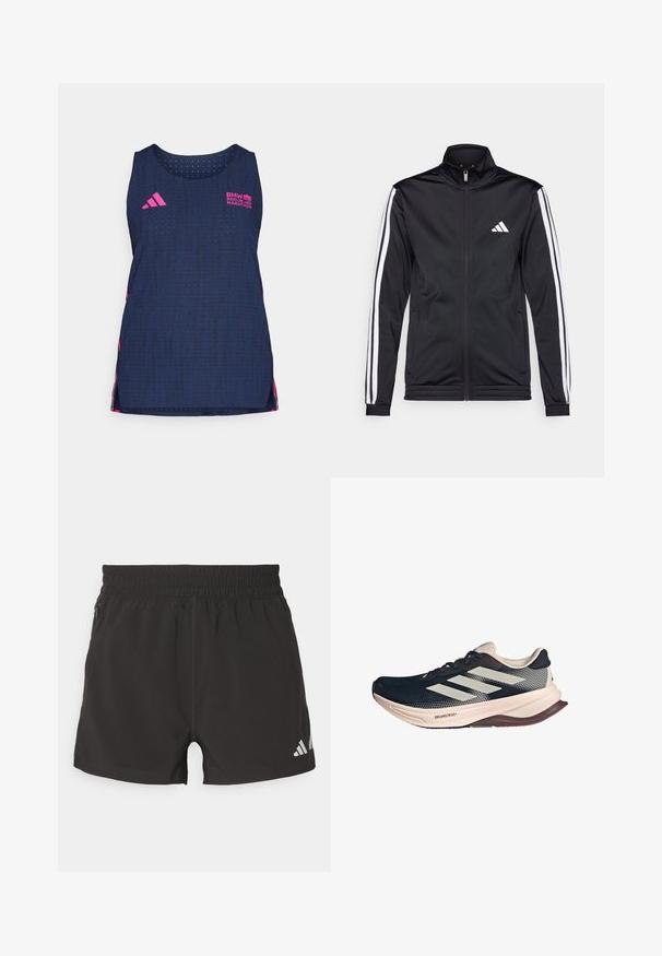 Black athletic jacket with a high collar, front zipper, and white accent stripes along the arms. Features an embroidered white logo on the chest.; adidas Performance BER25 TANK - Top - collegiate navy; Black athletic shorts made of lightweight fabric. Features an elastic waistband, side zipper pocket, and a reflective logo on the hem.; Running shoe with a dark blue mesh upper, light beige sole, and white three-stripe design. Features a sleek, aerodynamic shape and textured accents.