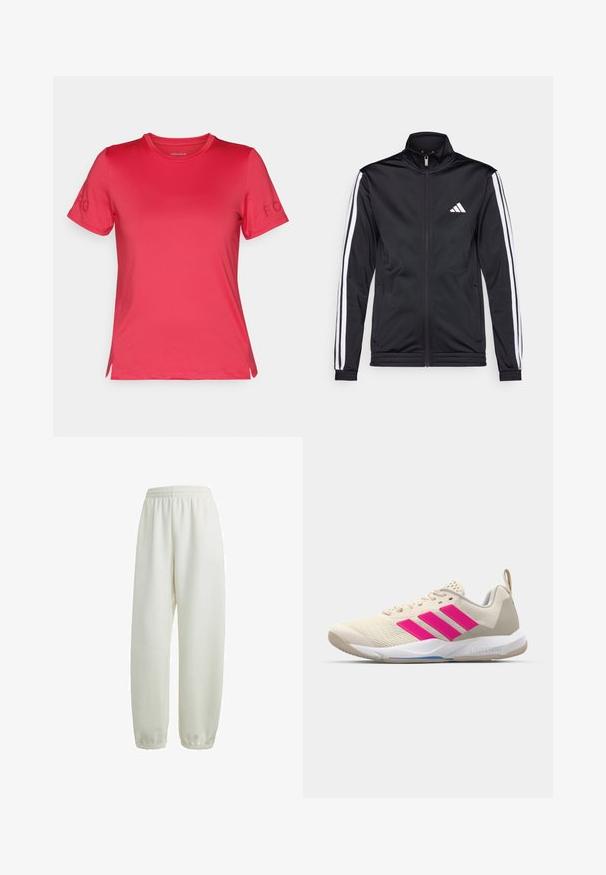 Juoda sportinė striukė su aukštu apykakle, priekiniais užtrauktukais ir baltais akcentiniais dryžiais ant rankovių. Ant krūtinės yra išsiuvinėta balta logo.; Trumpos rankovės, apvaliu iškirpimu rožinės spalvos marškinėliai. Sukurti su šoninėmis skeltukais ir subtiliu "BORG" logotipu kairėje rankovėje. Lygi tekstūra.; Baldos jogger kelnės, pagamintos iš minkštos medžiagos, su elastinga juosta ir suvarstytais apačiais. Šoninėse yra subtilus logotipo detalė.; Bežiniai sportiniai bateliai su rožinėmis trimis juostomis, tekstūruota tinklelio viršutinė dalis, paminkštinta apykaklė ir balta guma neslystančia padu, turintys "LIGHTSTRIKE" prekės ženklą.