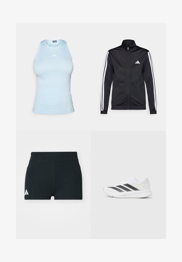 Casaco atlético preto com gola alta, fecho frontal e riscas brancas ao longo das mangas. Apresenta um logótipo branco bordado no peito.; Top de alças sem mangas azul claro, feito de um tecido suave, com decote redondo e um pequeno logotipo branco ao centro.; Calções atléticos pretos feitos de um tecido elástico, com uma cintura alta, forma ajustada e logótipo branco da Adidas no lado esquerdo.; Shoe atlético branco com riscas diagonais pretas, parte superior em malha, bico arredondado e sola texturizada. Os destaques incluem um calcanhar prateado e um design minimalista.