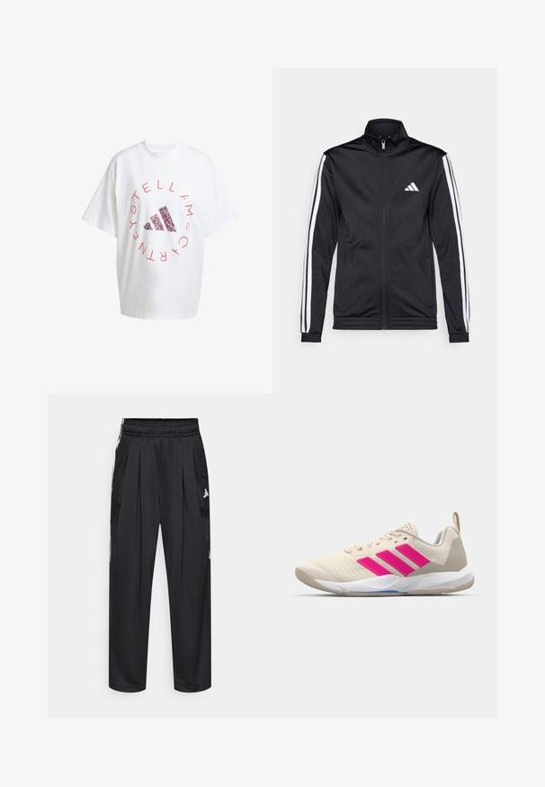 Black athletic jacket with a high collar, front zipper, and white accent stripes along the arms. Features an embroidered white logo on the chest.; Oversized white cotton t-shirt with red circular text and a multicolor Adidas logo in the center. Short sleeves and round neckline.; Black athletic pants with pleats, elastic waistband, and side stripes. Made from smooth fabric, featuring the Adidas logo in white.; Beige athletic shoe with pink three-stripe logo, textured mesh upper, padded collar, and white rubber sole, featuring "LIGHTSTRIKE" branding.