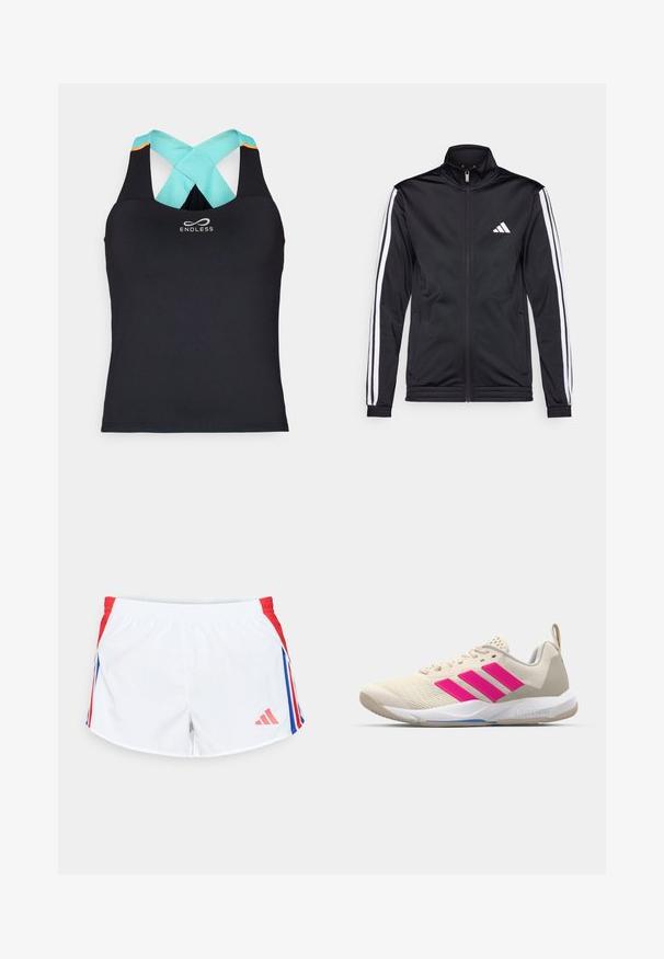 Black athletic jacket with a high collar, front zipper, and white accent stripes along the arms. Features an embroidered white logo on the chest.; Black athletic tank top with a crisscross aqua mesh back, featuring the word "ENDLESS" printed in white on the front. Smooth texture.; White sports shorts with red side panels featuring blue stripes. Elastic waistband and logo on the lower left side. Smooth fabric texture.; Beige athletic shoe with pink three-stripe logo, textured mesh upper, padded collar, and white rubber sole, featuring "LIGHTSTRIKE" branding.