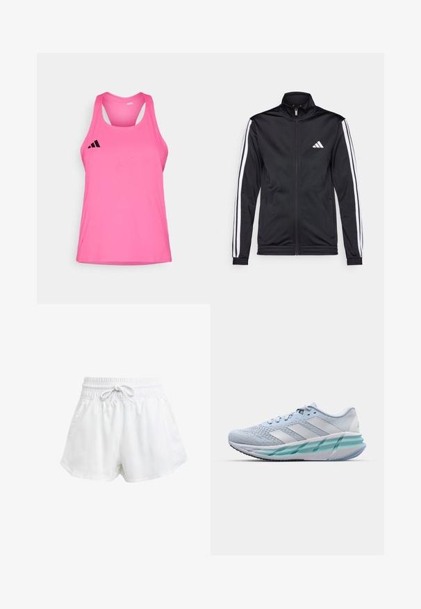 Jachetă sport neagră cu guler înalt, fermoar frontal și dungi albe pe umeri. Prezintă un logo alb brodat pe piept.; Top sportiv roz ușor, cu guler rotund, design racerback și logo negru în partea stângă sus. Textură netedă.; Shorts albi sportivi cu talie elastică și șnur ajustabil. Fabricate dintr-un material ușor, cu buzunare laterale și o croială largă.; Încălțăminte sport de culoare albastră deschisă, cu un material superior texturat din tricot, accente albe și o talpă intermediară verde transparentă. Vârf rotunjit și guler căptușit.