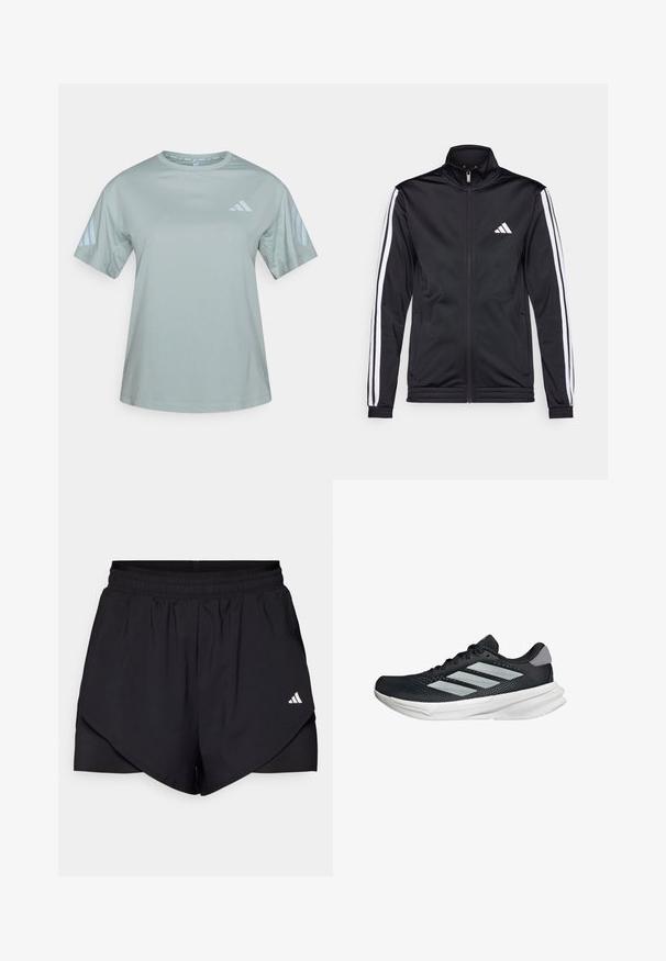 Black athletic jacket with a high collar, front zipper, and white accent stripes along the arms. Features an embroidered white logo on the chest.; Light green athletic t-shirt made of moisture-wicking fabric. Features a round neckline and three horizontal stripes on each sleeve.; Black athletic shorts with a layered design, made of lightweight fabric. Features an elastic waistband and a small white logo on the side.; Black running shoe with mesh upper, three silver stripes, white midsole, and textured outsole. Features padded collar and lace closure.