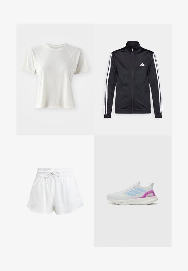 Svart treningsjakke med høy krage, frontglidelås og hvite stripe aksenter langs armene. Har et brodert hvitt logo på brystet.; Lett kortermet T-skjorte i lys kremfarge, med teksturert stoff, raglanermer og en liten "Salomon"-logo på forsiden.; Hvite sportsbukser med elastisk midje og justerbar snor. Laget av lett materiale, med sidelommer og løs passform.; adidas Performance PUREBOOST 5 - Løpesko for vei - white/glow blue/purple burst