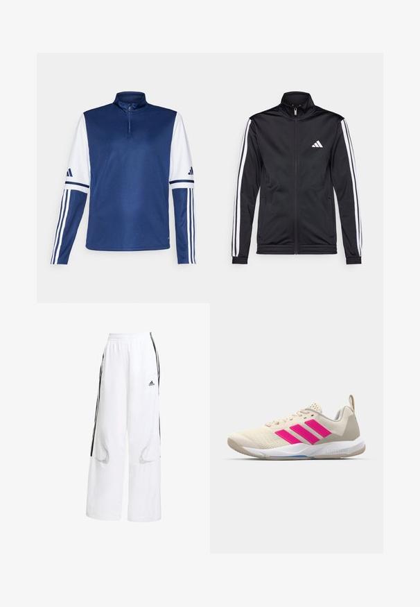 Černá sportovní bunda s vysokým límcem, předním zipem a bílými akcentovacími pruhy na rukávech. Obsahuje vyšitý bílý logo na prsou.; Námořnický modrý sportovní pulover s límcem na čtvrtinový zip, bílými rukávy, třemi bílými pruhy na každém rukávu a hladkou texturou.; Bílé sportovní kalhoty volného střihu, s černými bočními pruhy, elastickým pasem a síťovinovými výřezy pro ventilaci.; Béžová sportovní obuv s růžovým logem tří pruhů, texturovaným síťovaným svrškem, polstrovaným límcem a bílou gumovou podešví, s označením "LIGHTSTRIKE".