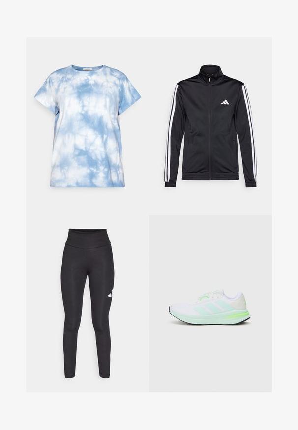 Črna športna jakna z visokim ovratnikom, sprednjim zadrgo in belimi stranskimi črtami po rokavih. Ima vezen beli logotip na prsih.; Svijetloplava pamučna majica s tie-dye uzorkom, s kratkim rukavima i okruglim izrezom. Glatka tekstura, opušteni kroj.; Črne visoko pasne legice iz gladkega, raztegljivega materiala, z belim logotipom na levi strani. Prilegajoča zasnova brez vzorcev.; Bela atletska čevlja z mrežnim zgornjim delom, limetno zelenimi detajli in črnim podplatom. Ima obliko treh črt na strani in oblazinjen ovratnik.