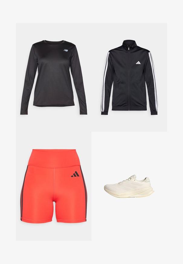 Melnā sporta jaka ar augstu apkakli, priekšējo rāvējslēdzēju un baltām akcenta svītrām gar rokām. Tās priekšpusē ir izšūts balts logo uz krūšu daļas.; Garais piedurknēm melns sporta krekls, izgatavots no gludas, vieglas šķiedras, ar nelielu tekstūru un mazu logotipu uz krūtīm.; Spilgtas sarkanas sporta šortus ar augstu jostasvietu, kas aprīkoti ar melnām sānu svītrām un Adidas logo. Izgatavoti no elastīga auduma, nodrošinot komfortu.; Gaišbeidzis sporta apavi ar sieta augšējo daļu, plakaniem šņorēm un mīkstu zoli. Iekļauj trīs svītru dizainu sānu pusē.