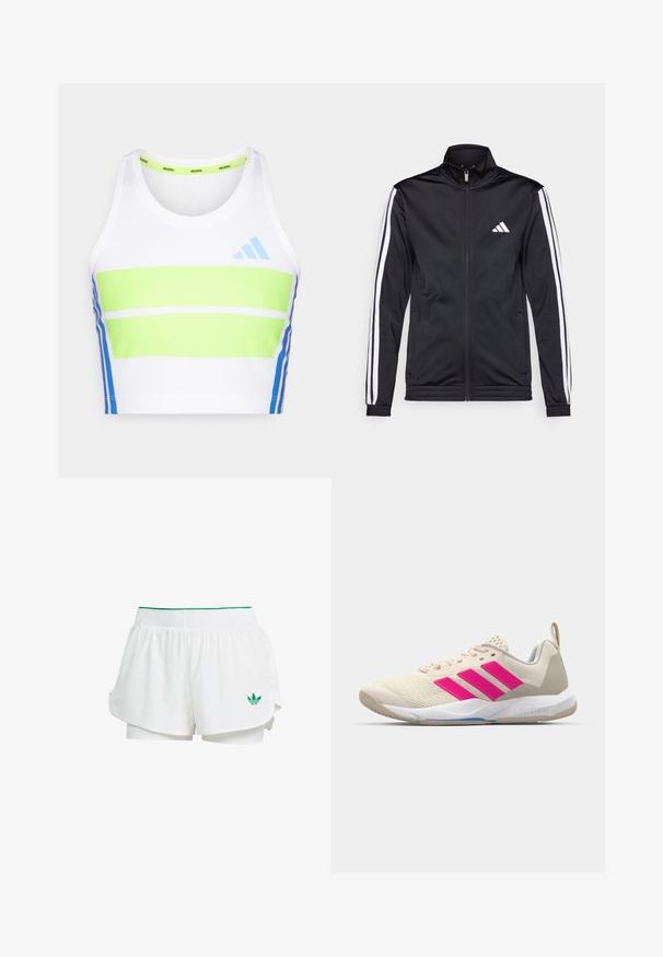 Svart idrottsjacka med hög krage, frontdragkedja och vita accentlinjer längs armarna. Har en broderad vit logotyp på bröstet.; Vit atletisk croptop med gröna och blå horisontella ränder. Har en rund halslinning och blå accentdetaljer på sidorna.; Vita atletiska shorts med ett lagerdesign, elastisk midja, gröna detaljer och en liten grön logotyp på nedre vänstra sidan.; Beige idrottssko med rosa tre-stripes logotyp, texturerad meshöverdel, vadderad krage och vit gummisula, med "LIGHTSTRIKE"-branding.