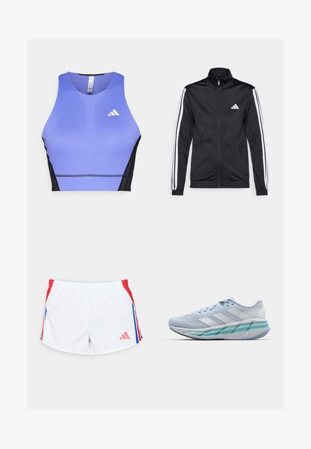 Black athletic jacket with a high collar, front zipper, and white accent stripes along the arms. Features an embroidered white logo on the chest.; Purple sports crop top with a textured surface, black side panels, and a white logo on the left chest area. Athletic design with a rounded neckline.; White sports shorts with red side panels featuring blue stripes. Elastic waistband and logo on the lower left side. Smooth fabric texture.; Light blue athletic shoes with a textured knit upper, white accents, and a transparent green midsole. Rounded toe and padded collar.