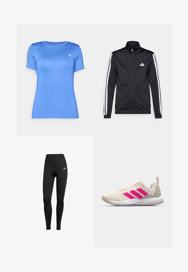 Casaco atlético preto com gola alta, fecho frontal e riscas brancas ao longo das mangas. Apresenta um logótipo branco bordado no peito.; T-shirt azul de manga curta feito de tecido suave, com decote redondo e um pequeno logotipo no peito.; Leggings atléticos pretos com uma cintura alta. Feitos de um tecido elástico com um detalhe do logótipo branco no lado superior esquerdo.; Sapata atlética bege com logotipo de três riscas cor-de-rosa, parte superior em malha texturizada, colarinho acolchoado e sola de borracha branca, apresentando a marca "LIGHTSTRIKE".