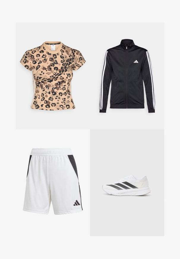 Melnā sporta jaka ar augstu apkakli, priekšējo rāvējslēdzēju un baltām akcenta svītrām gar rokām. Tās priekšpusē ir izšūts balts logo uz krūšu daļas.; adidas Sportswear TEE - Apdrukāts T-krekls - multicolor/warm sandstone; Bāli sporta šorti ar melnu sānu paneli, izgatavoti no viegla auduma. Iespējas ietver elastīgu jostasvietu un melnu Adidas logo apakšējā kājā.; Baltas sporta apavs ar melniem diagonāliem svītrām, sieta augšdaļa, noapaļota purngalu forma un teksturēta zole. Akcenti ietver sudraba papēdi un minimālistisku dizainu.